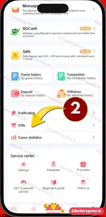 66 Lottery account menu with Deposit, Withdraw, Game history, Transaction, BGCash and Safe