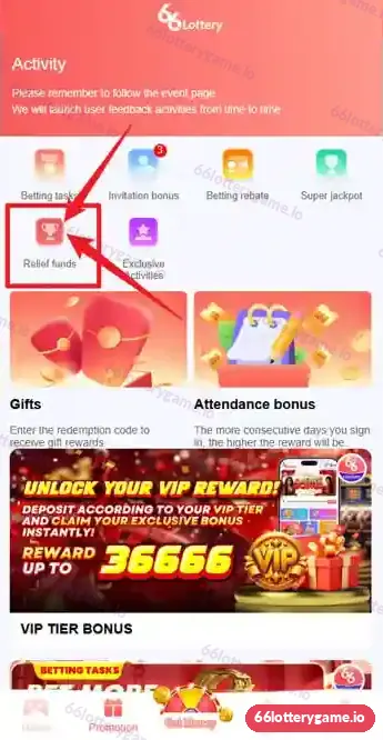 66 Lottery Activity page with Betting tasks, Invitation bonus, Betting rebate, Super jackpot, Relief funds, Exclusive activities, Gifts and Attendance bonus