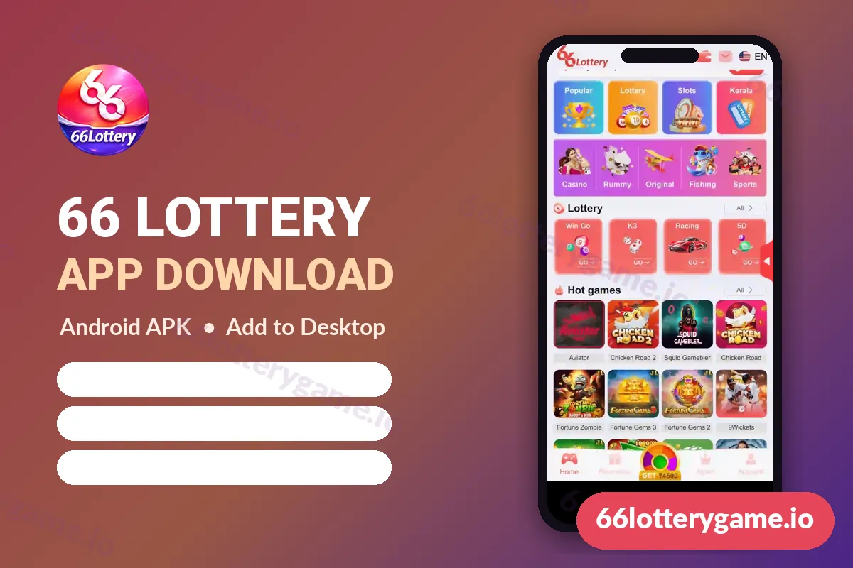 66 Lottery app download banner showing a phone with the 66 Lottery home screen