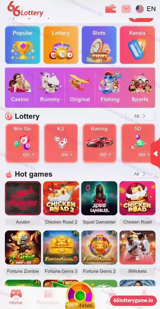 66 Lottery home screen with category tiles, Lottery row of Win Go, K3, Racing, 5D and Hot games including Aviator and Chicken Road