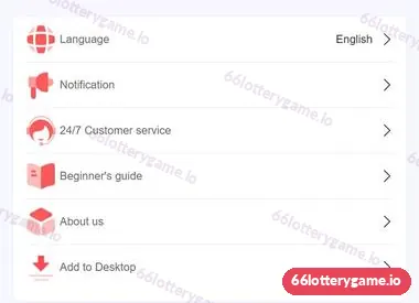 66 Lottery menu with Language, Notification, 24/7 Customer service, Beginner's guide, About us and Add to Desktop