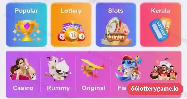 Rummy category tile with a spade card and chips on the 66 Lottery home screen