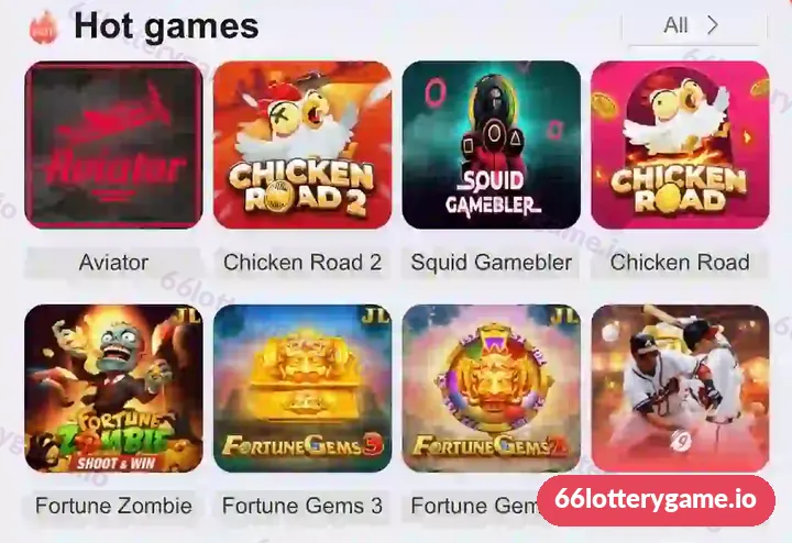 66 Lottery Hot games grid with Aviator, Chicken Road 2, Squid Gamebler, Chicken Road, Fortune Zombie, Fortune Gems 3, Fortune Gems 2 and 9Wickets