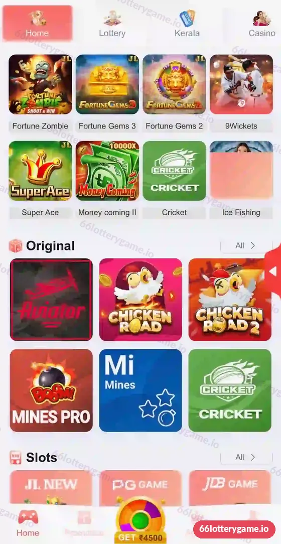 66 Lottery lobby showing Hot games, Original row and Slots row with JL NEW, PG GAME and JDB GAME tabs