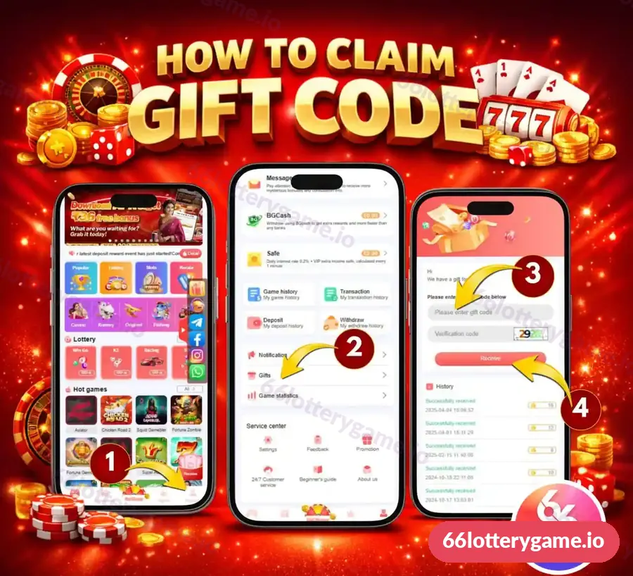How to claim a 66 Lottery gift code in four steps: open Account, tap Gifts, enter the gift code and verification code, tap Receive
