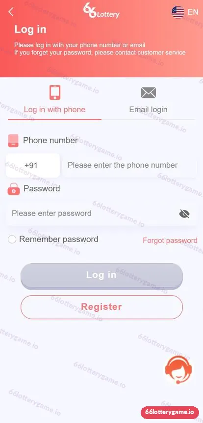 66 Lottery login screen with Log in with phone and Email login tabs, +91 phone field, password, Remember password and Forgot password
