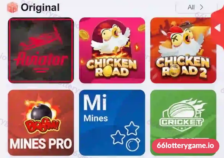 66 Lottery Original games row with Aviator, Chicken Road, Chicken Road 2, Mines Pro, Mi Mines and Cricket