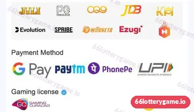 66 Lottery provider logos JILI, PG, CQ9, JDB, KM, Evolution, SPRIBE, 9Wickets, Ezugi and payment logos Google Pay, Paytm, PhonePe, UPI