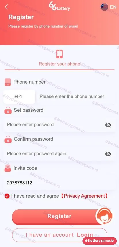 Invite code field on the 66 Lottery register form filled with 2978783112