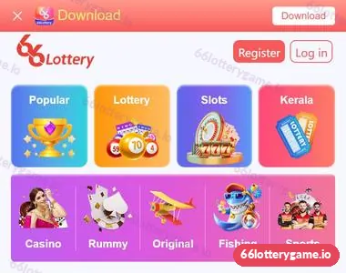 Genuine 66 Lottery website header with logo, Register and Log in buttons and nine game category tiles