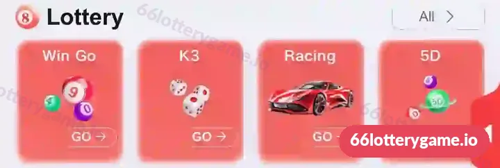 Win Go tile with lottery balls in the 66 Lottery Lottery row, next to K3, Racing and 5D